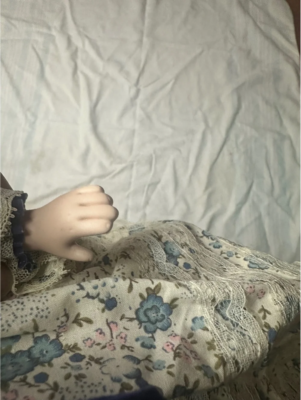 Vintage Porcelain Doll in Blue Velvet and Floral Dress with Lace Trim